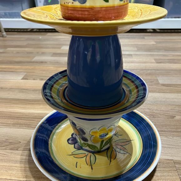 Beautiful Plate Mug Jar Dinnerware Three Tiered Serving‎ Tower Decor Blue Yellow - Picture 7 of 9